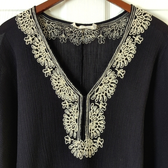 Joie a La Plage Oversized Embroidered V-neck Quarter Sleeve Tunic Blouse Black S - Picture 2 of 11
